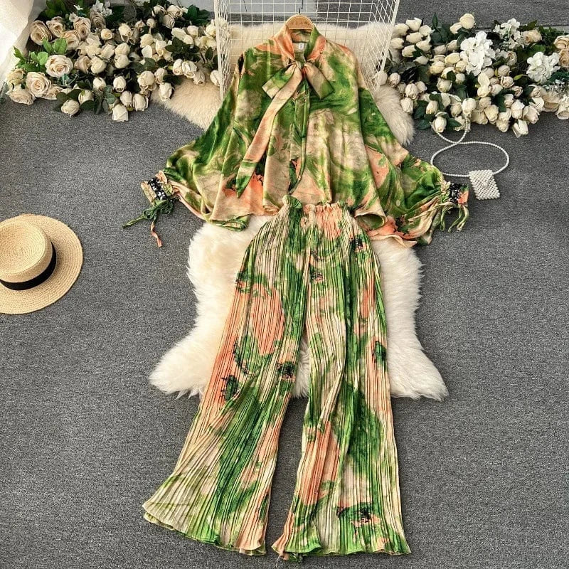 European and American Set Women High Grade Bat Sleeve Printed Top+Dropping Pleated Pants Two piece