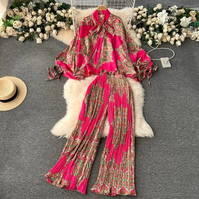 European and American Set Women High Grade Bat Sleeve Printed Top+Dropping Pleated Pants Two piece