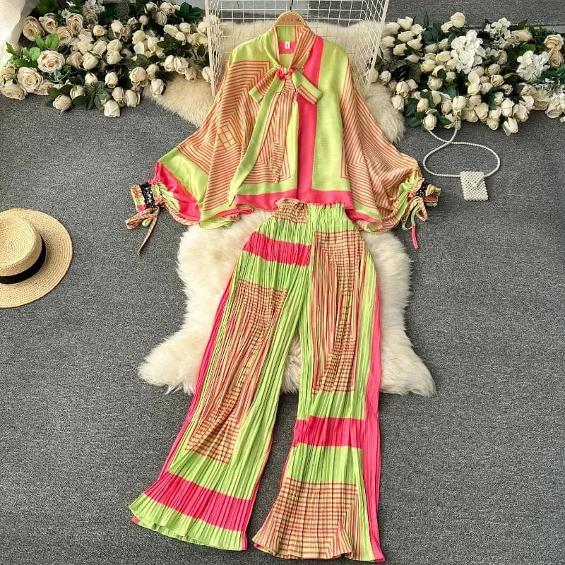 European and American Set Women High Grade Bat Sleeve Printed Top+Dropping Pleated Pants Two piece