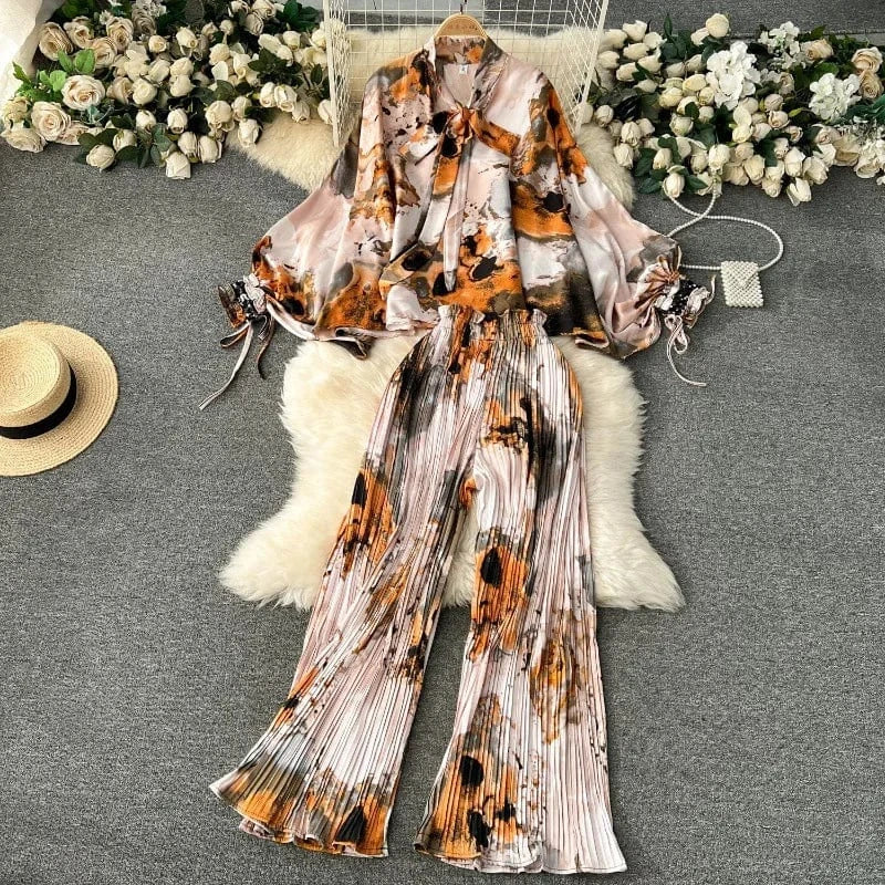 European and American Set Women High Grade Bat Sleeve Printed Top+Dropping Pleated Pants Two piece