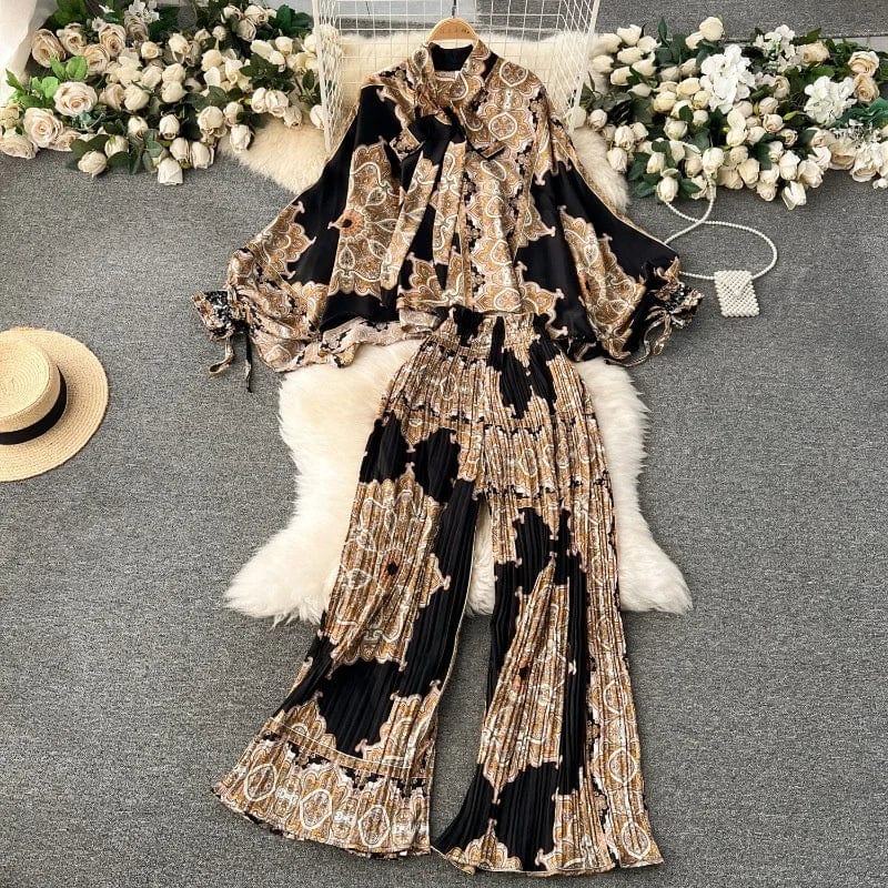 European and American Set Women High Grade Bat Sleeve Printed Top+Dropping Pleated Pants Two piece