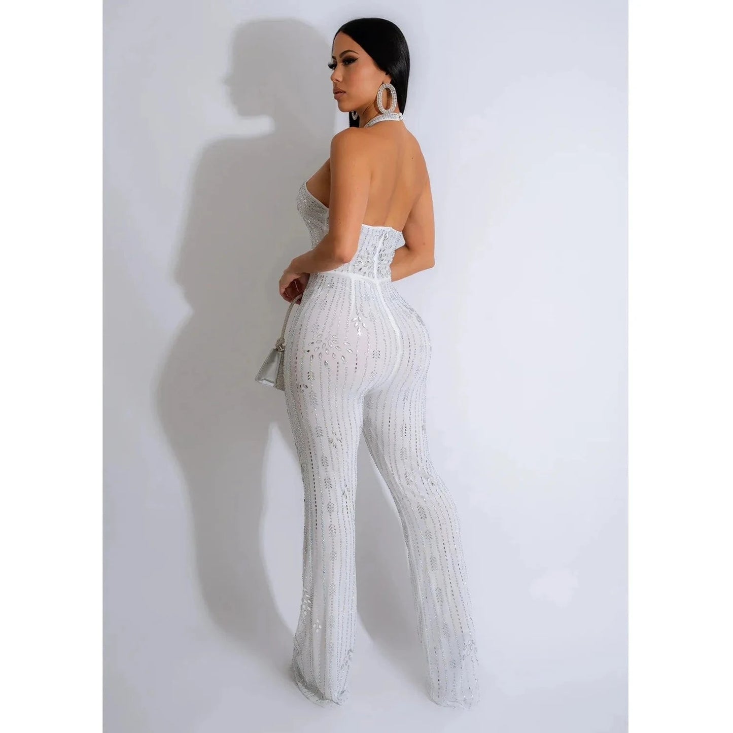 European and American sexy patchwork cut-out stretch wide-leg jumpsuit