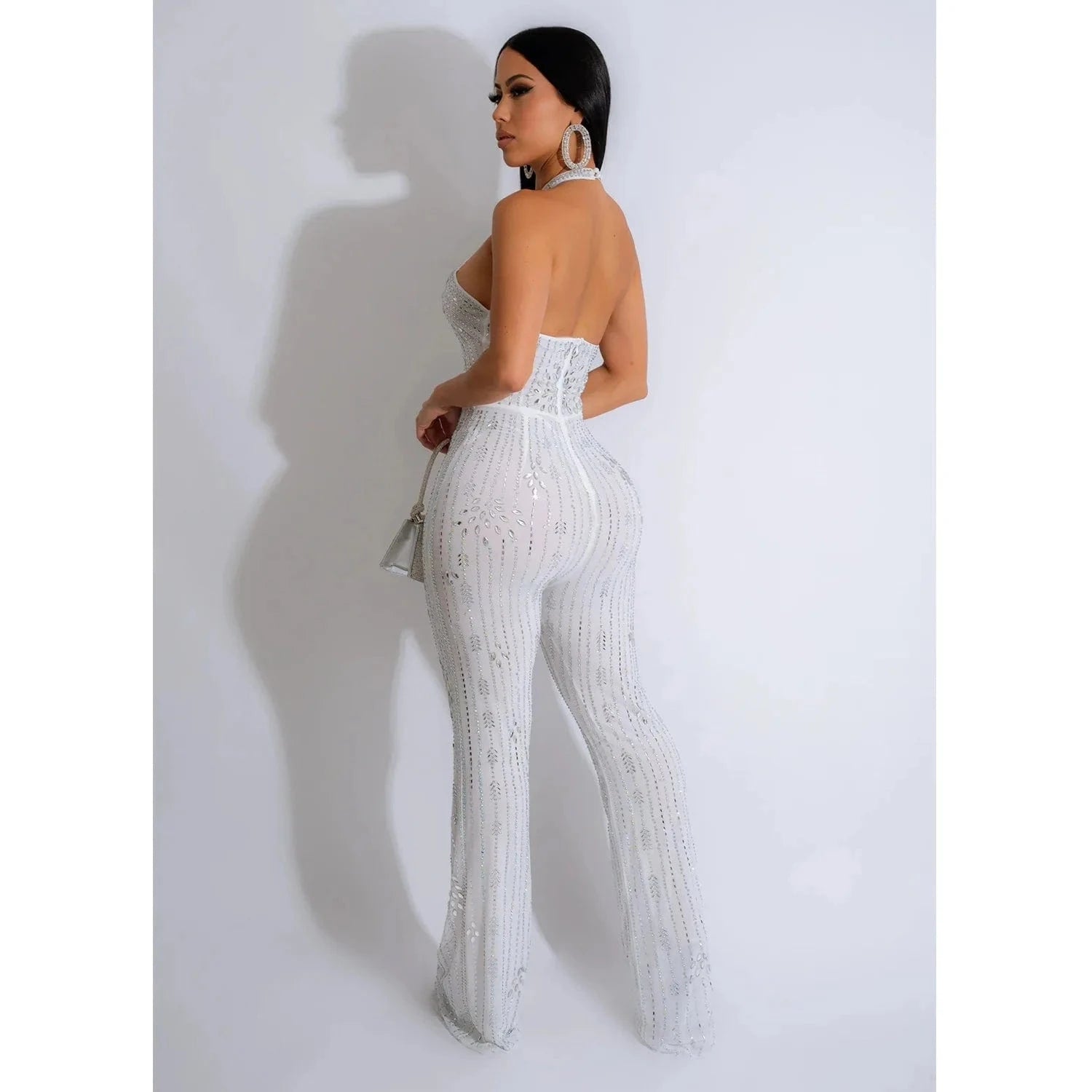 European and American sexy patchwork cut-out stretch wide-leg jumpsuit