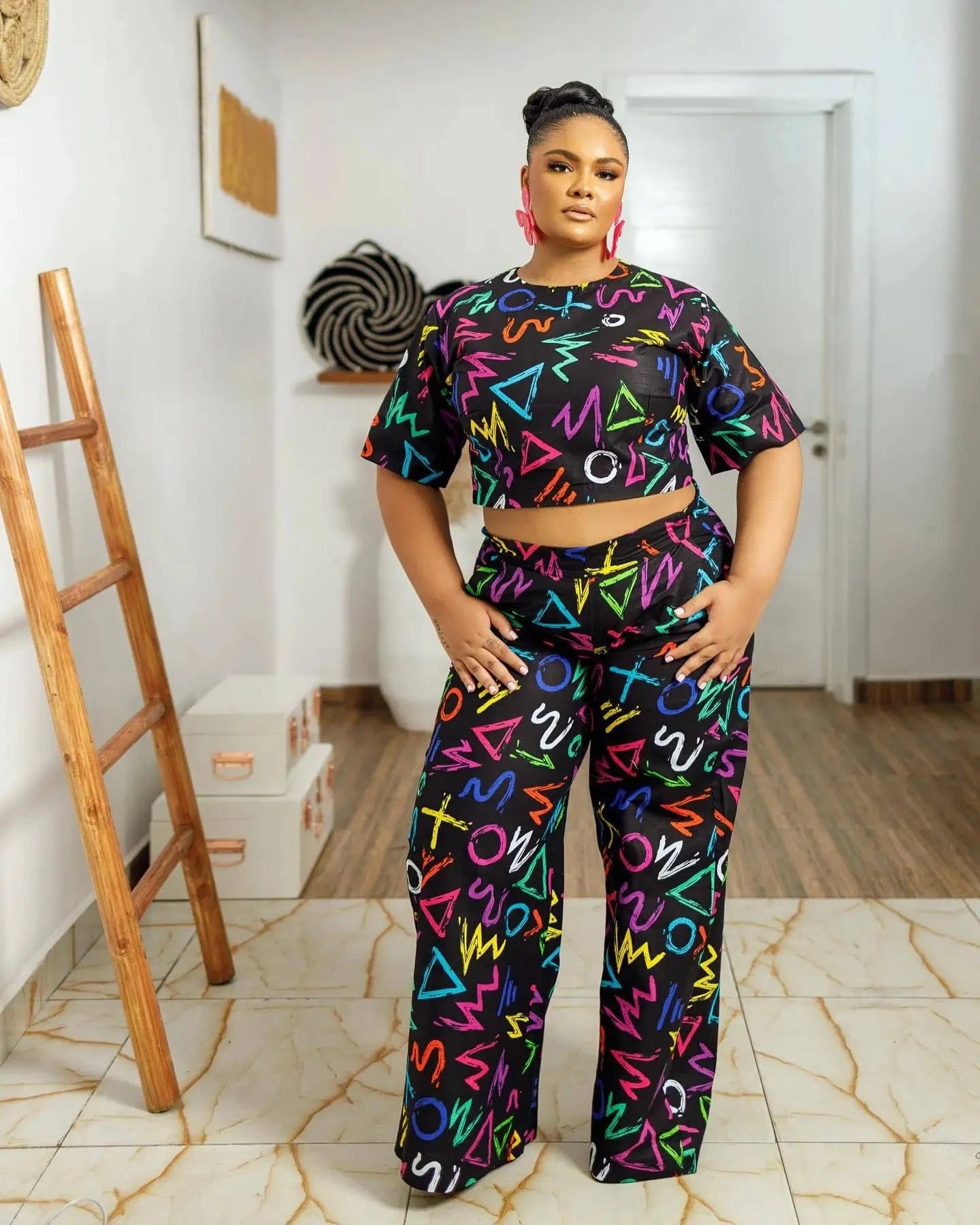 European and American sexy slim print wide-leg stretch crop top two-piece set