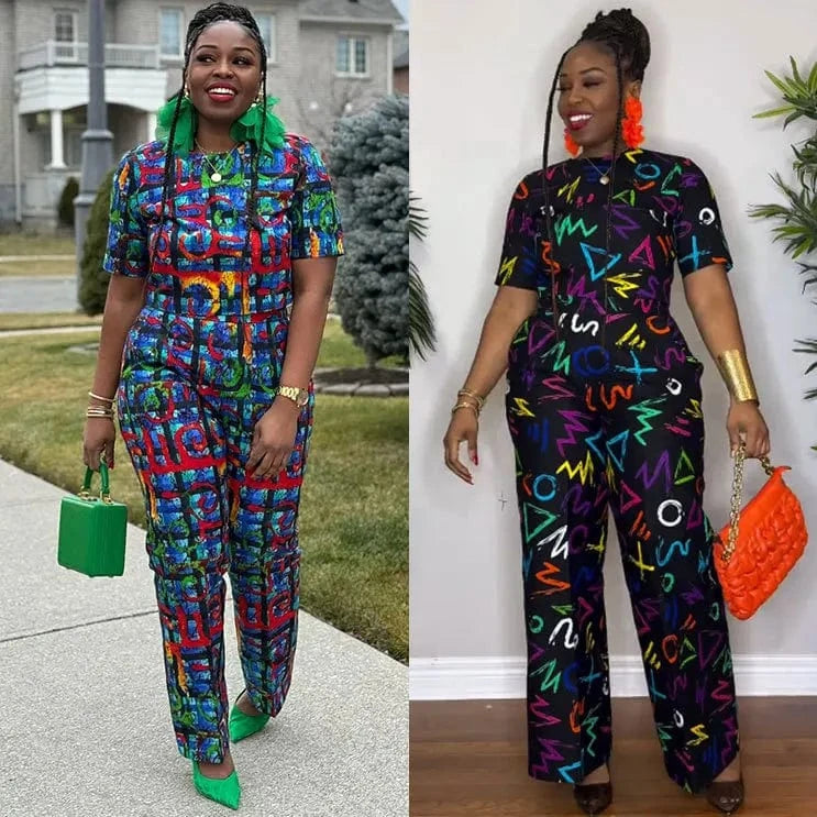 European and American sexy slim print wide-leg stretch crop top two-piece set