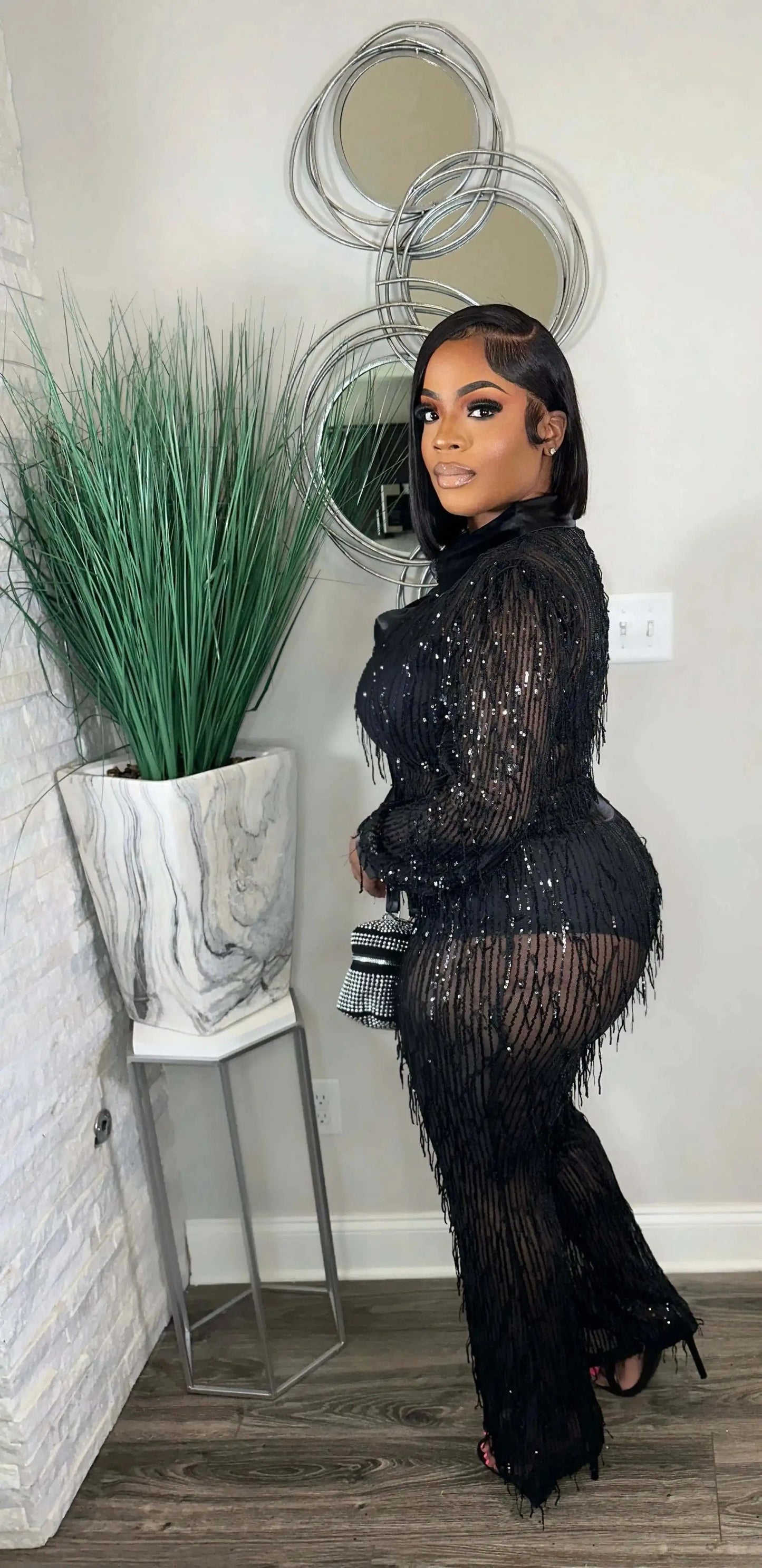 European and American sexy tassel sequin see-through shirt long-sleeved two-piece set