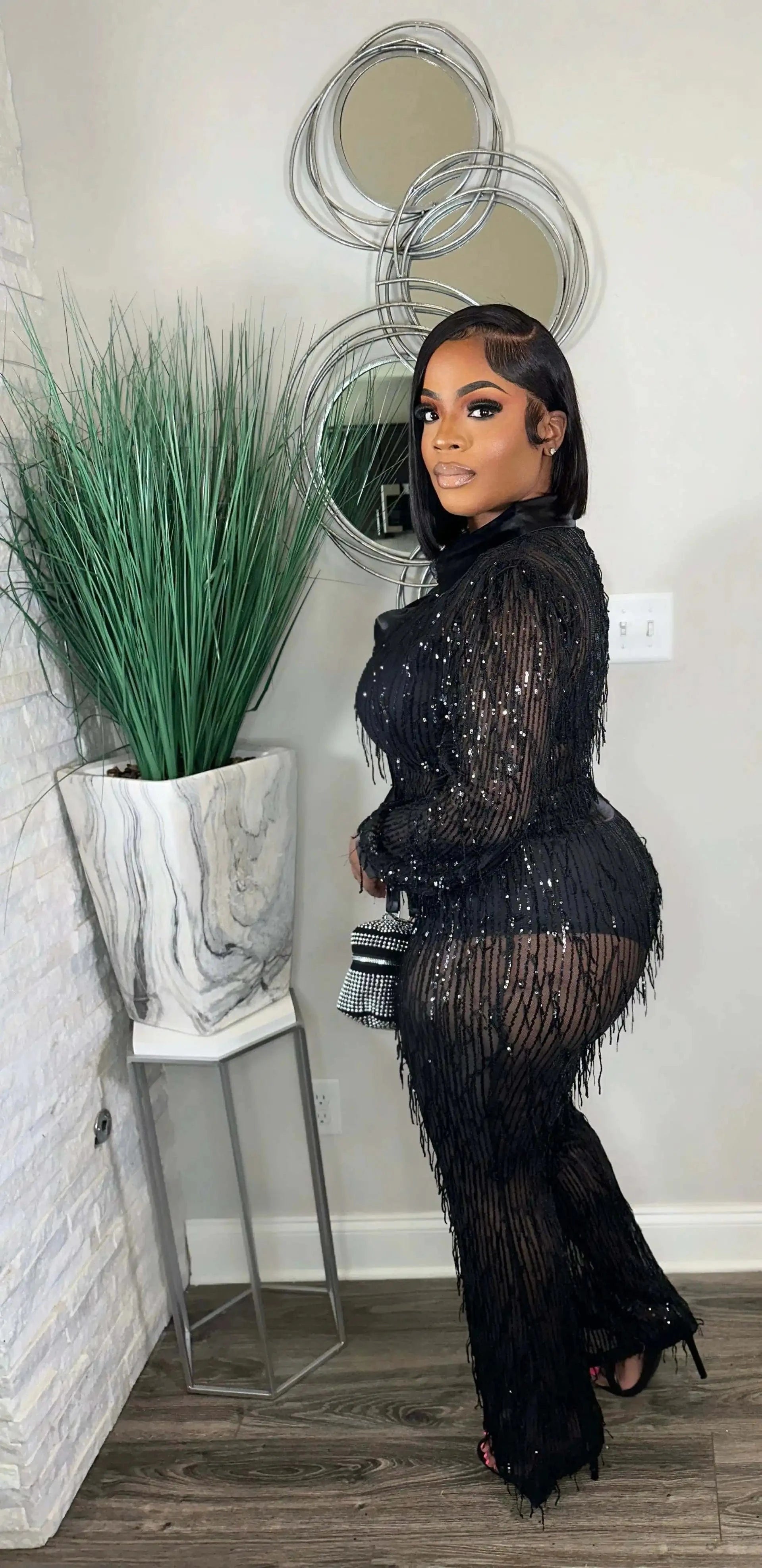 European and American sexy tassel sequin see-through shirt long-sleeved two-piece set