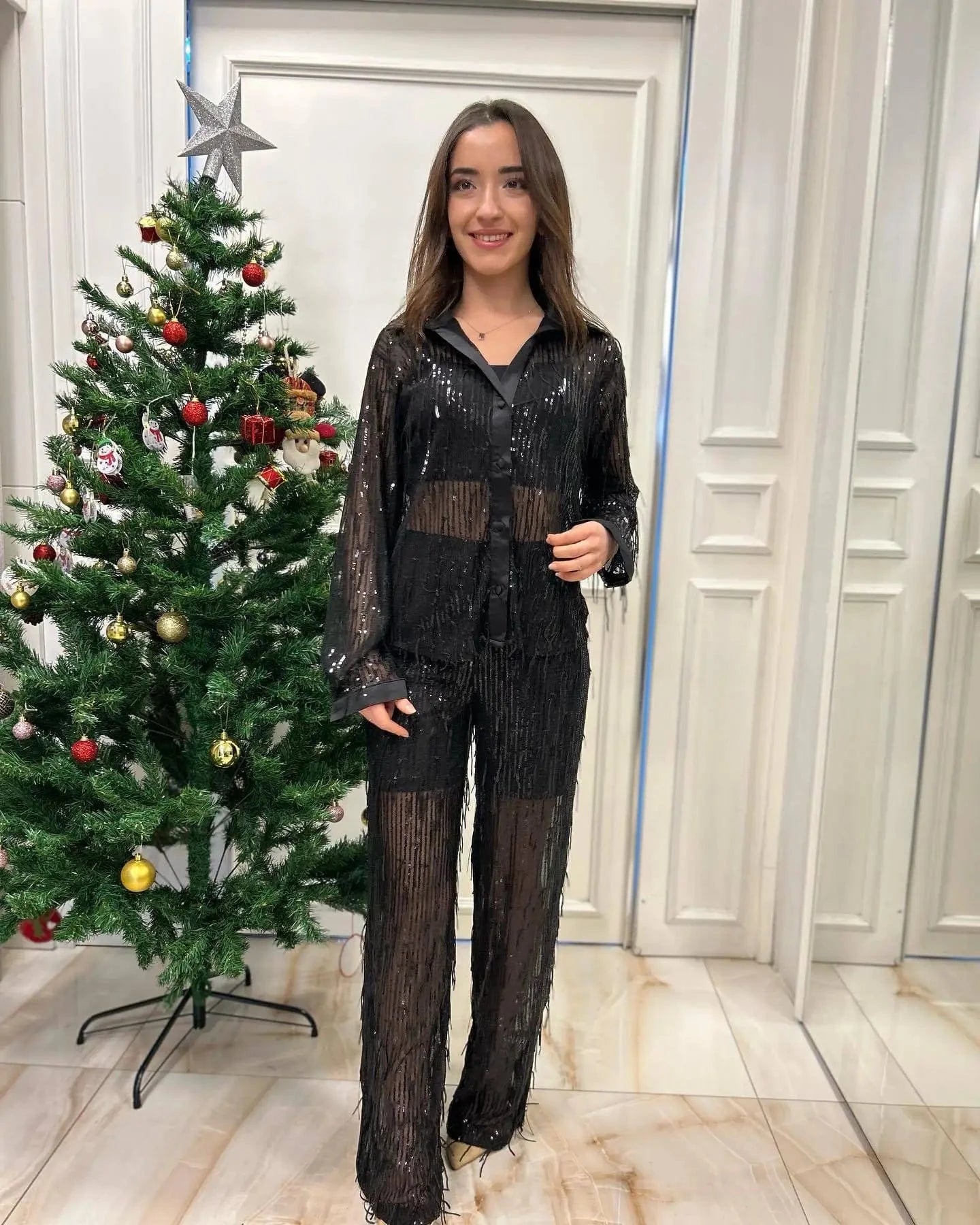 European and American sexy tassel sequin see-through shirt long-sleeved two-piece set