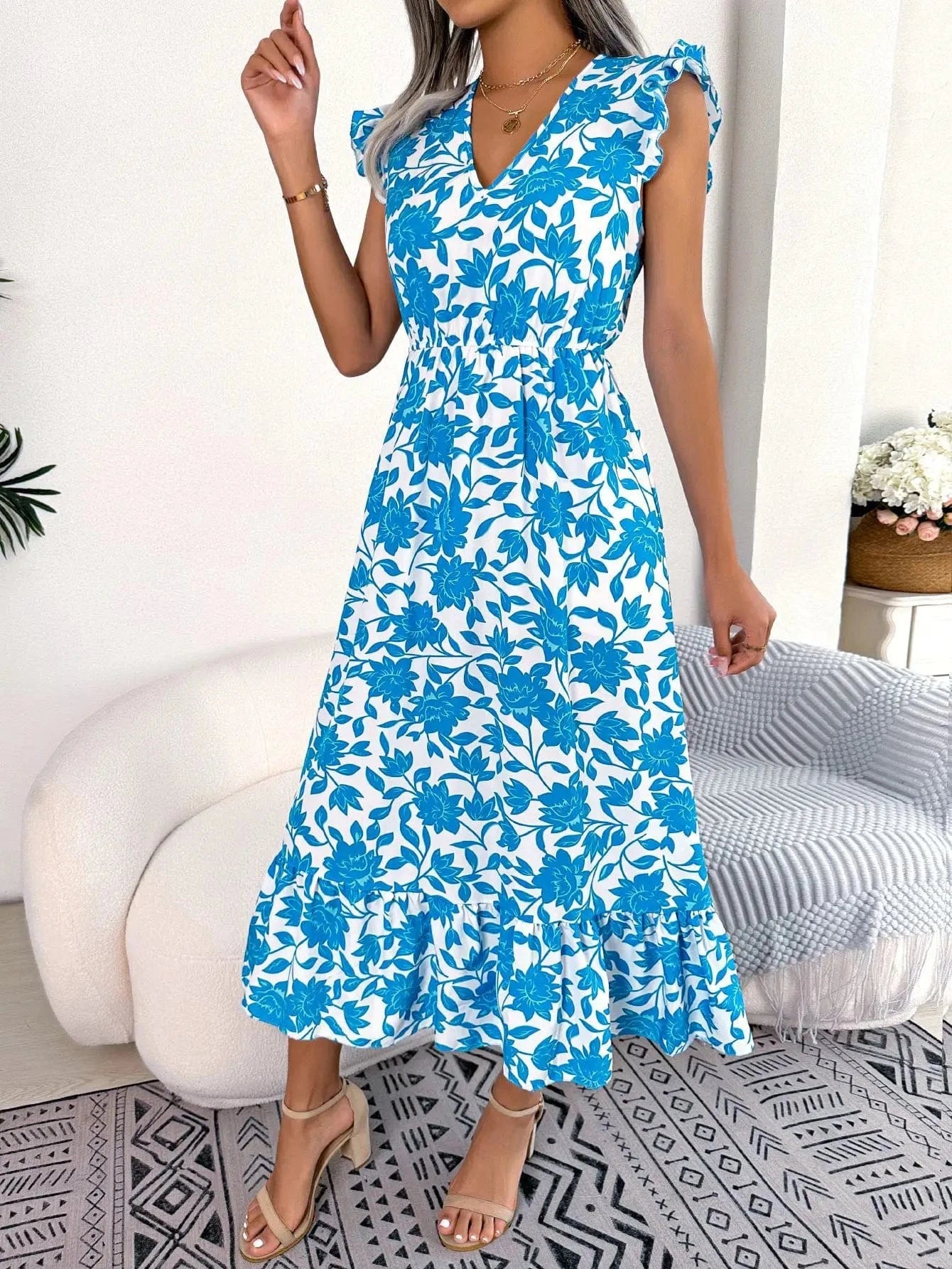European and American Spring and Summer Casual wooden ear Flower Waist dress Holiday dress
