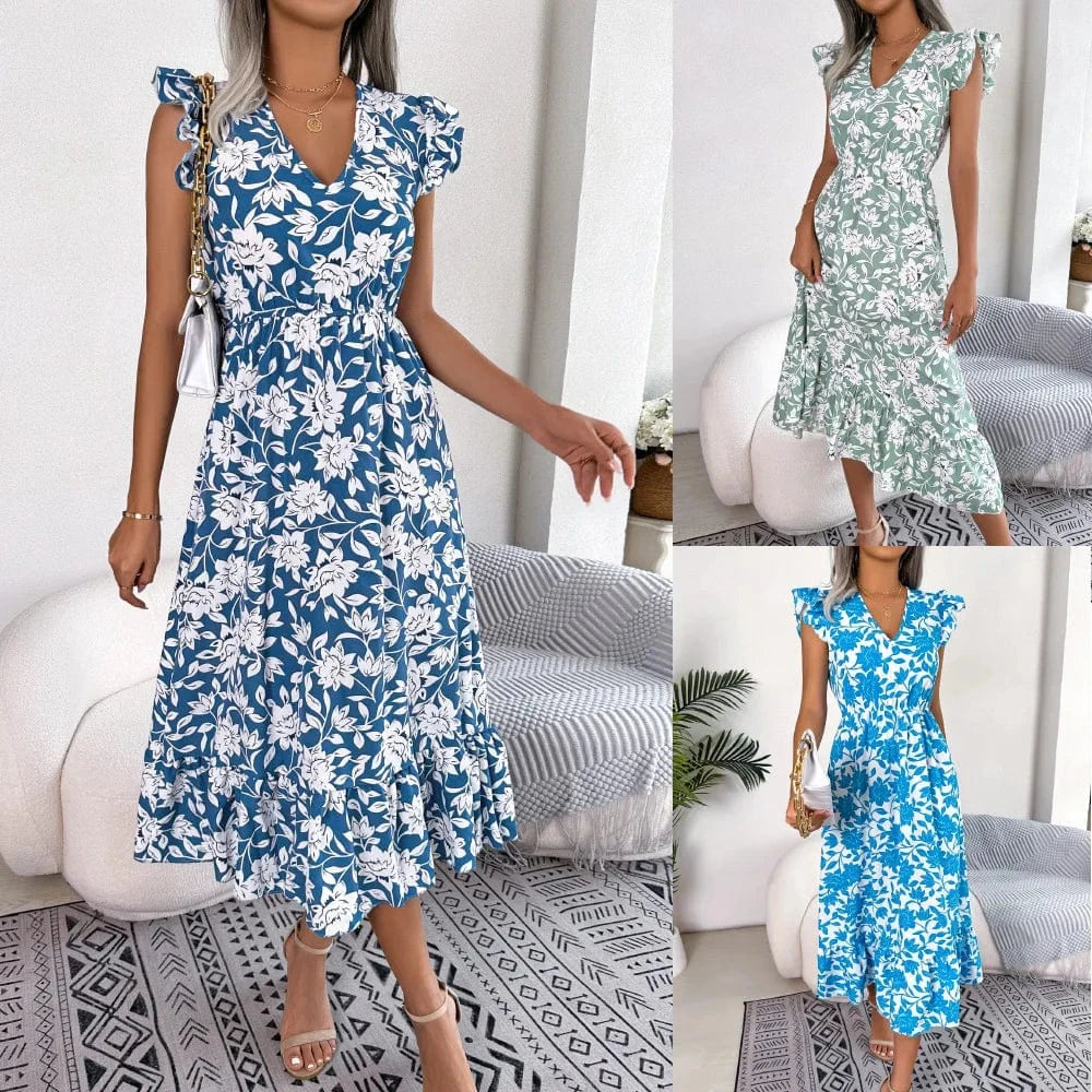 European and American Spring and Summer Casual wooden ear Flower Waist dress Holiday dress