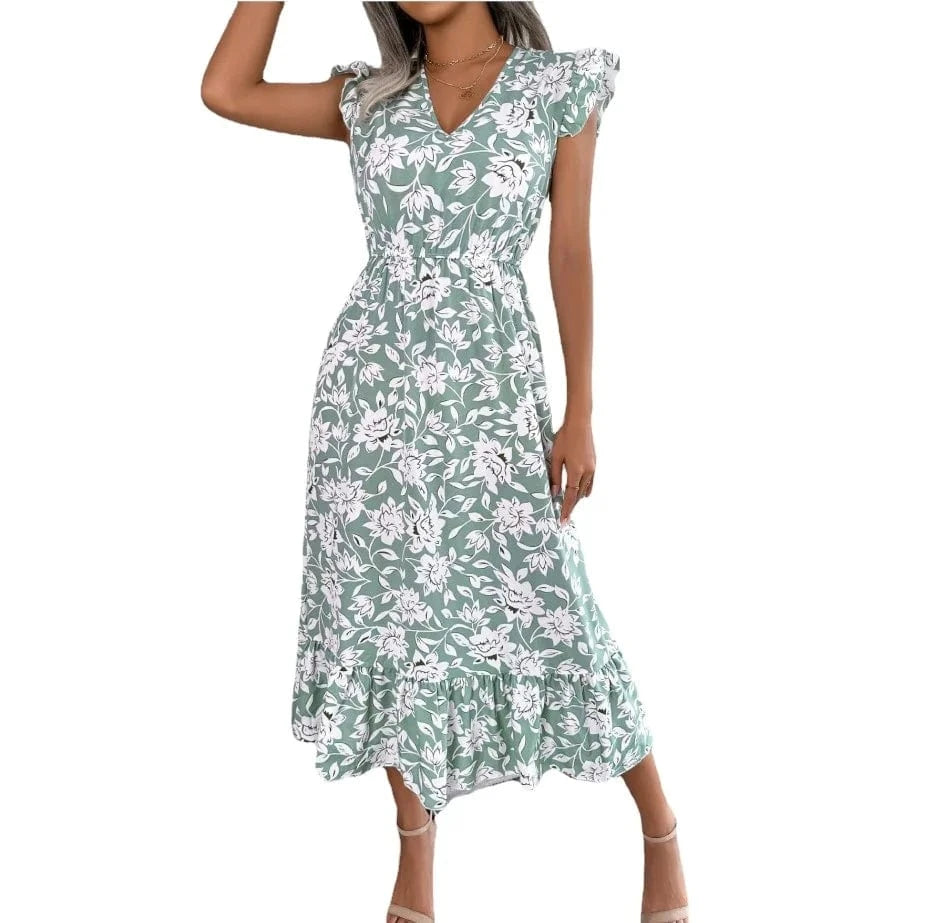 European and American Spring and Summer Casual wooden ear Flower Waist dress Holiday dress