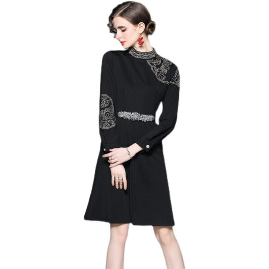 European and American style embroidery 2022 new dress high-end temperament new Hepburn style black dress swing + belt XA9126078