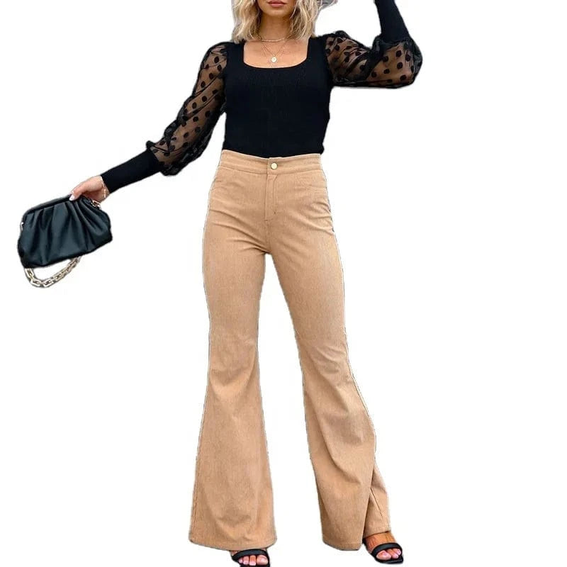 European and American women's 2023 Autumn and Winter pure color Mid-waist Slim-fit micro flared pants corduroy casual pants