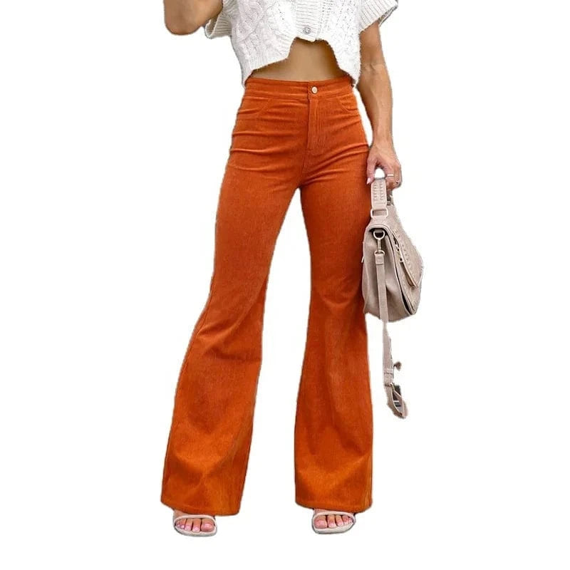 European and American women's 2023 Autumn and Winter pure color Mid-waist Slim-fit micro flared pants corduroy casual pants