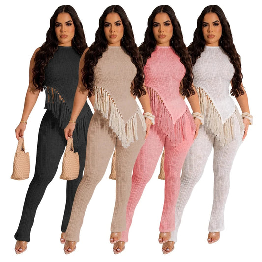 European and American women's 24 spring and summer new irregular knitted tassel vest trousers two-piece set