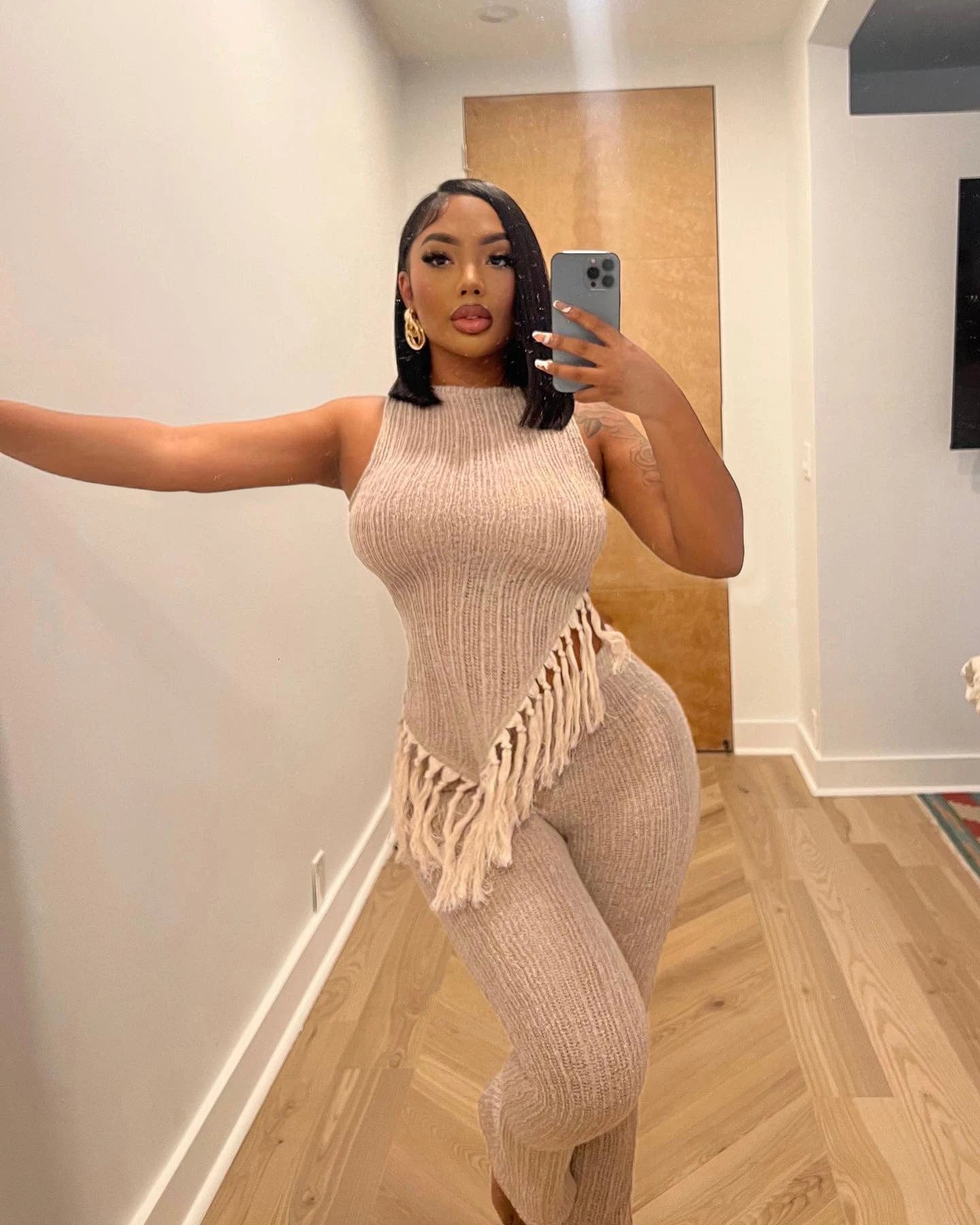 European and American women's 24 spring and summer new irregular knitted tassel vest trousers two-piece set