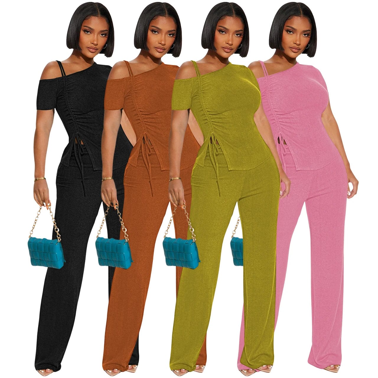 European and American women's 24 spring and summer new off-the-shoulder short sleeves shirred slim sexy two-piece set
