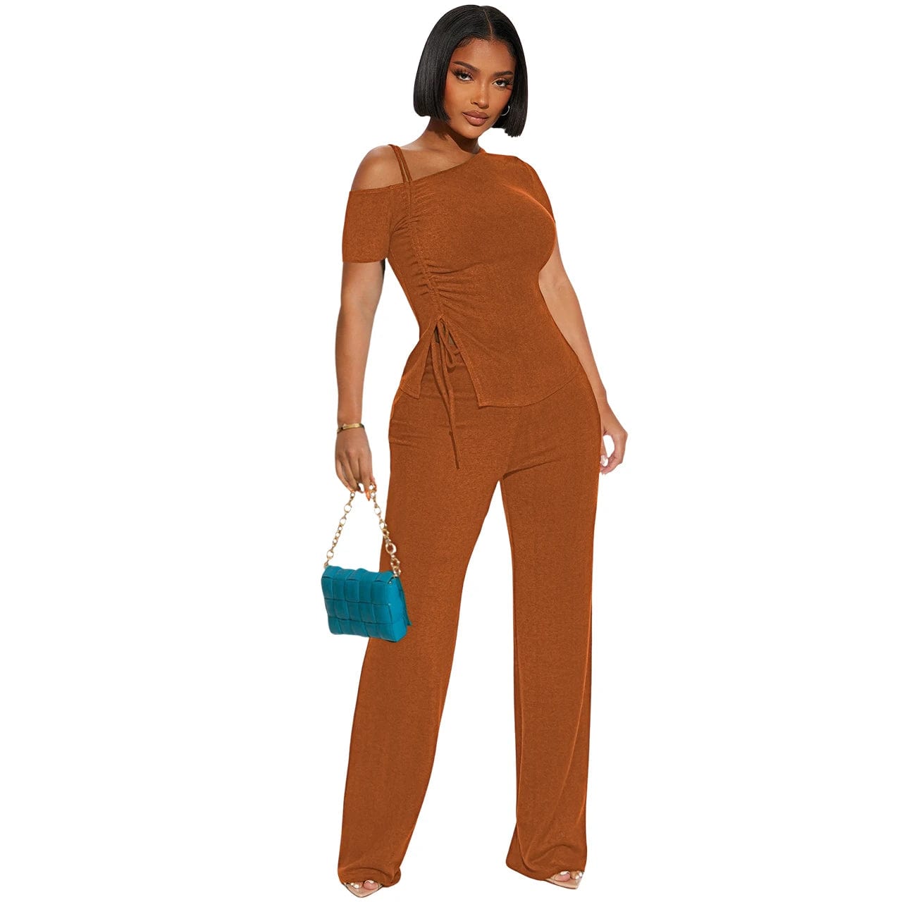 European and American women's 24 spring and summer new off-the-shoulder short sleeves shirred slim sexy two-piece set