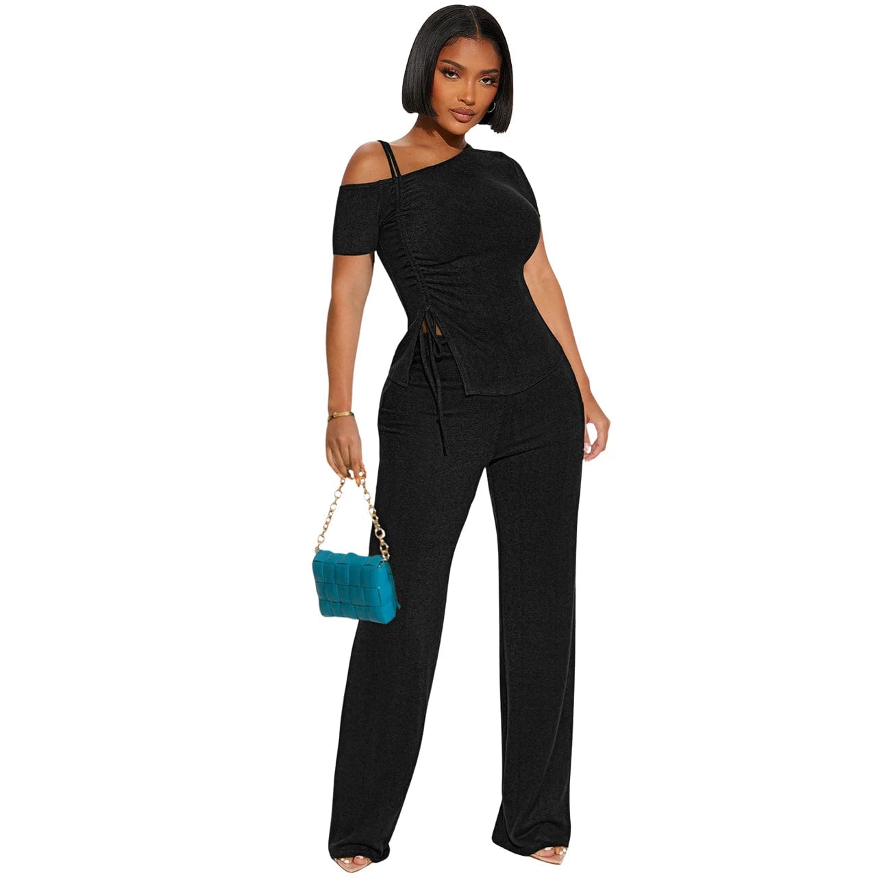 European and American women's 24 spring and summer new off-the-shoulder short sleeves shirred slim sexy two-piece set