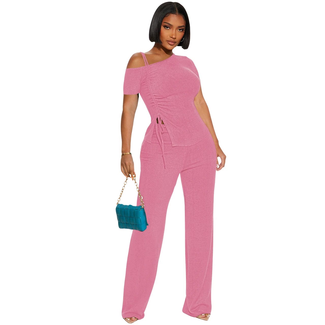 European and American women's 24 spring and summer new off-the-shoulder short sleeves shirred slim sexy two-piece set