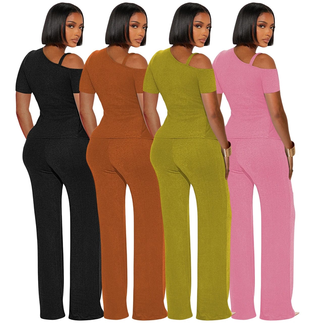 European and American women's 24 spring and summer new off-the-shoulder short sleeves shirred slim sexy two-piece set