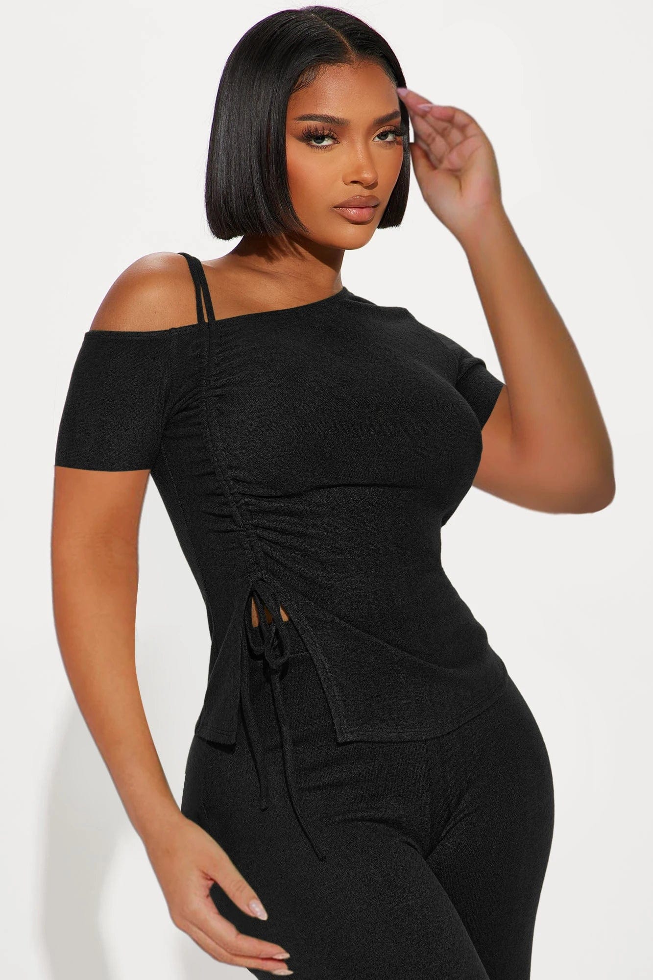 European and American women's 24 spring and summer new off-the-shoulder short sleeves shirred slim sexy two-piece set