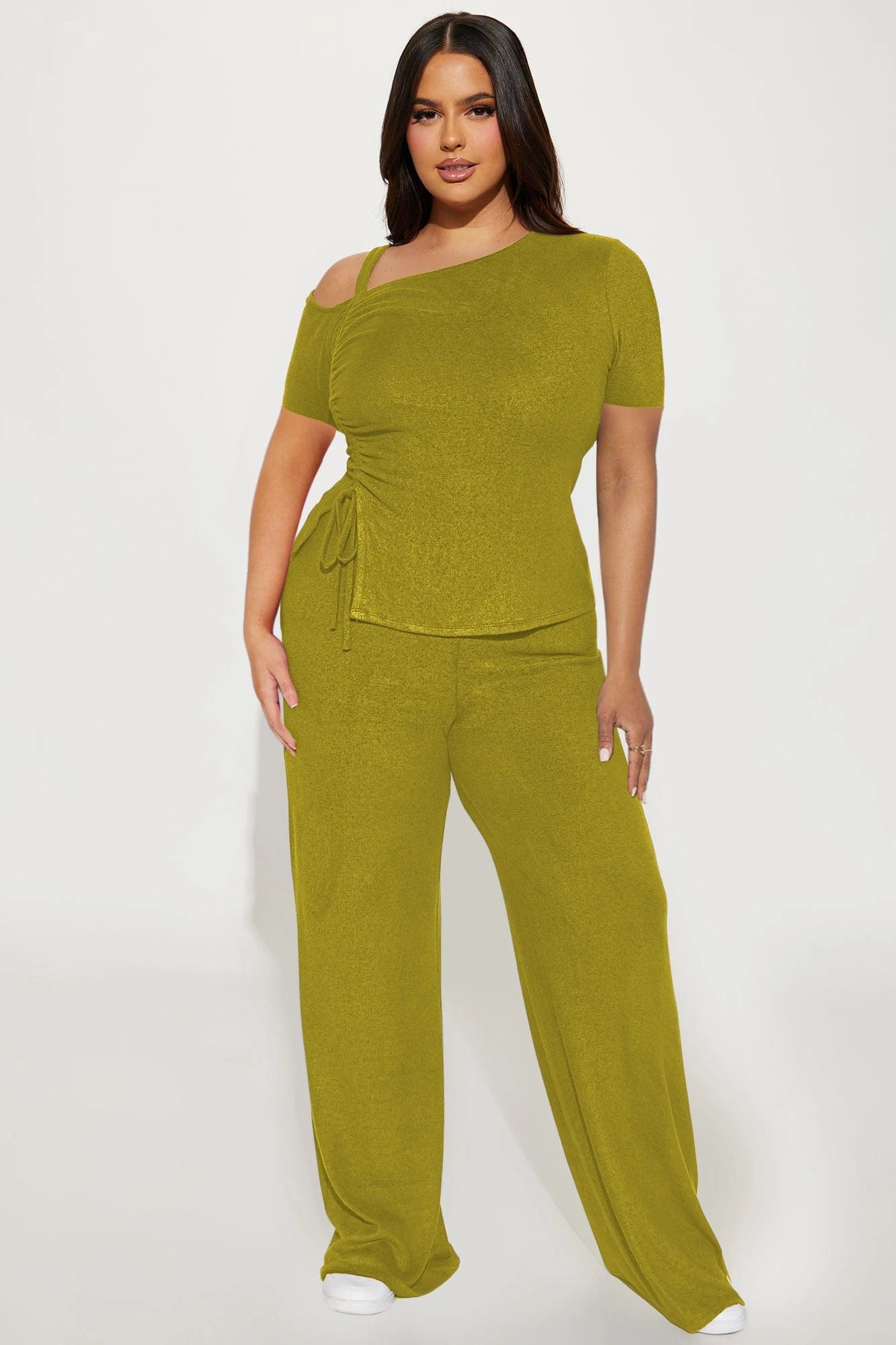 European and American women's 24 spring and summer new off-the-shoulder short sleeves shirred slim sexy two-piece set