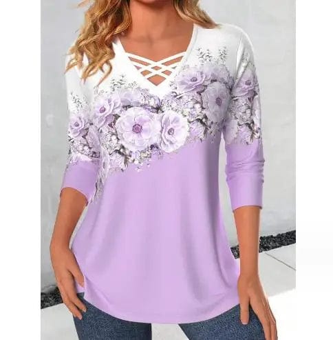 European and American Women's Autumn New loose neckline Cross V-neck Flower printed Long sleeve Women's T-shirt