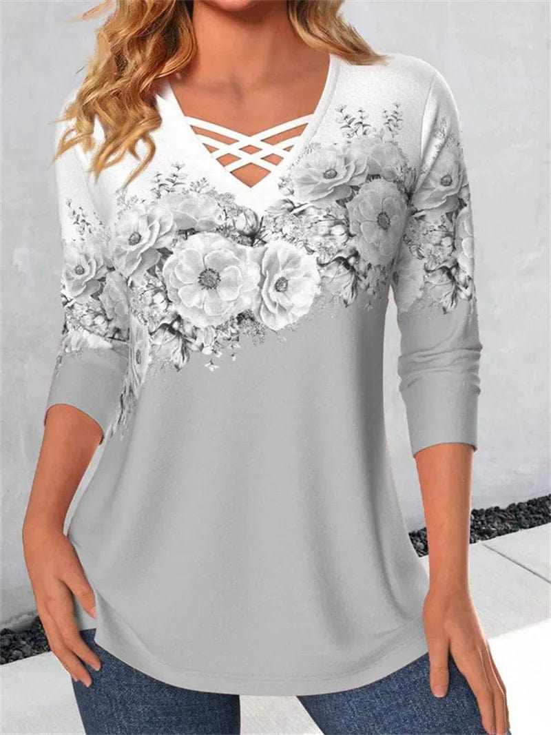 European and American Women's Autumn New loose neckline Cross V-neck Flower printed Long sleeve Women's T-shirt