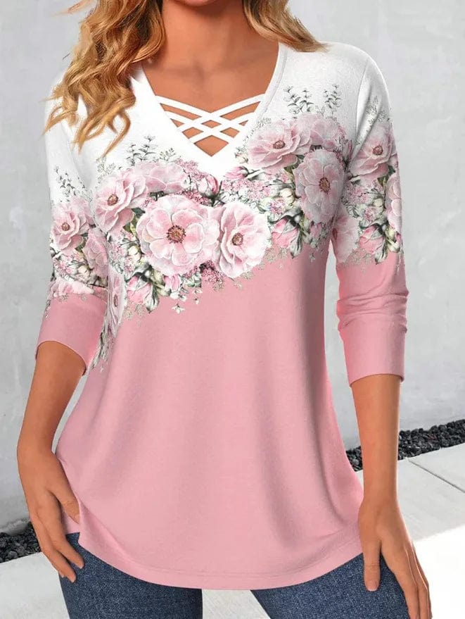 European and American Women's Autumn New loose neckline Cross V-neck Flower printed Long sleeve Women's T-shirt