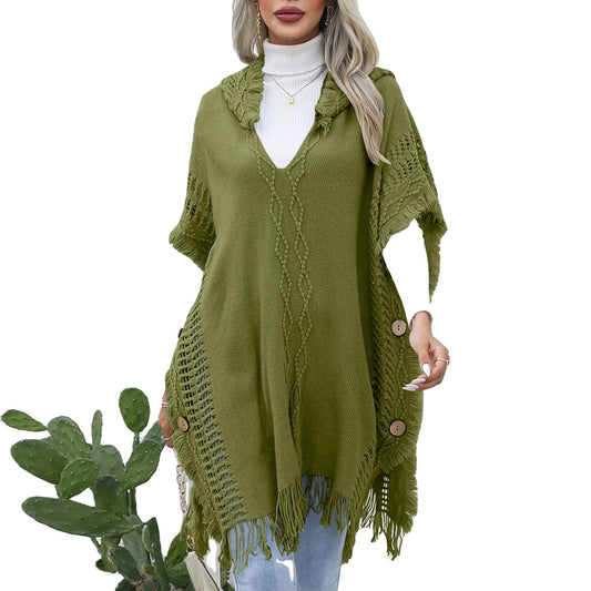 European and American Women's casual Loose V-neck Hooded pullover Mid-length sweater Vest Cape coat
