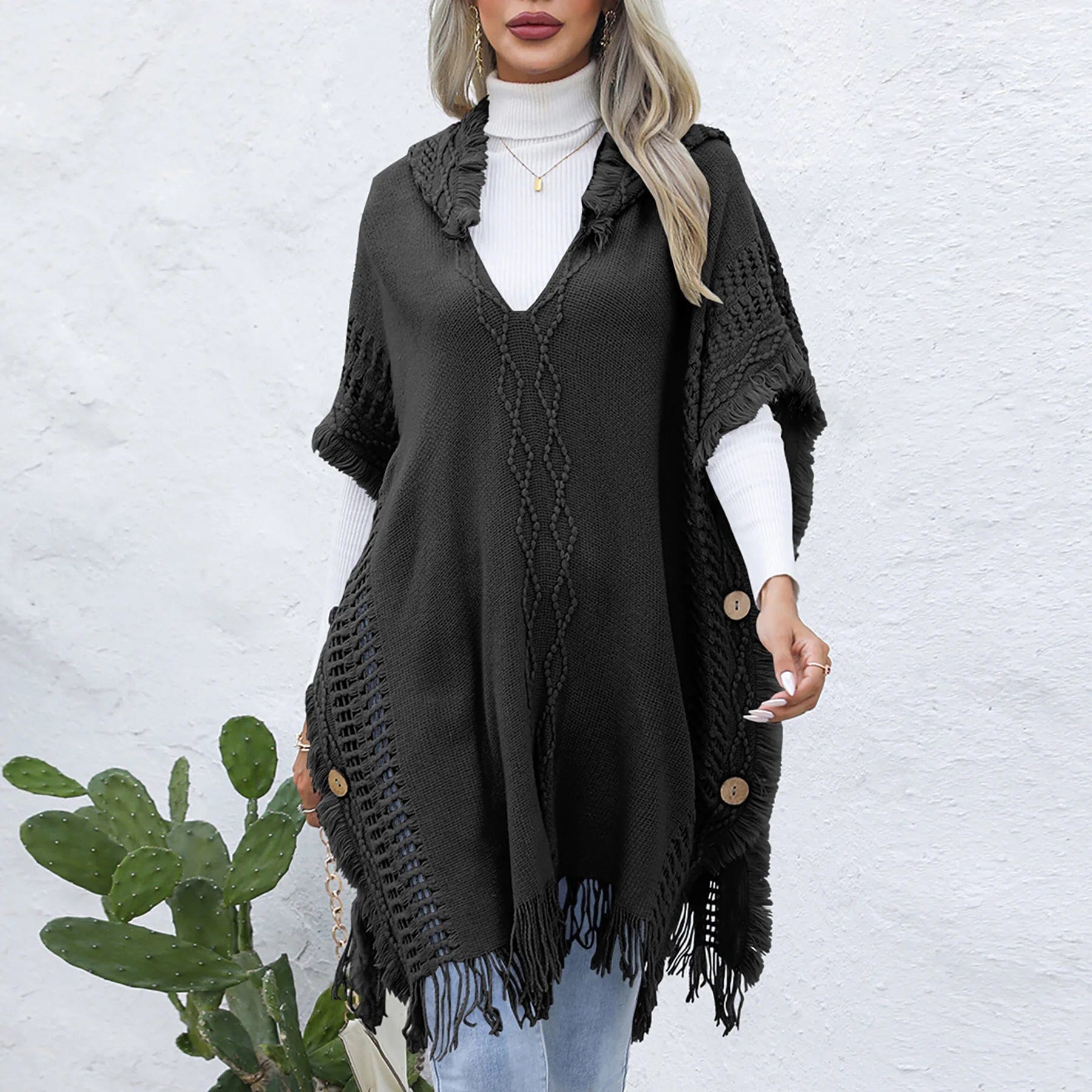 European and American Women's casual Loose V-neck Hooded pullover Mid-length sweater Vest Cape coat