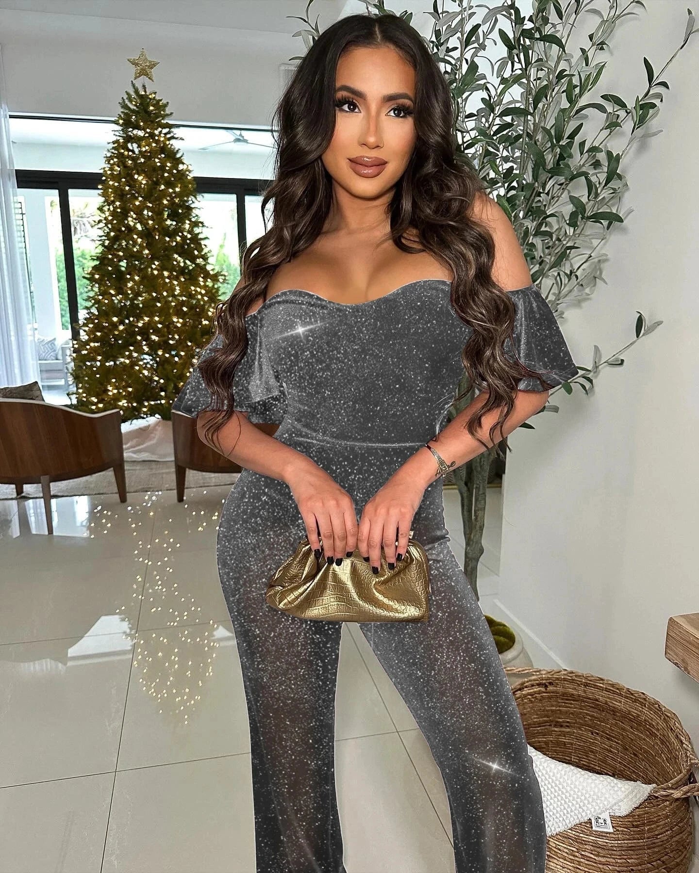 European and American women's clothing 2024 new bright silk fabric fashion temperament sexy nightclub style jumpsuit