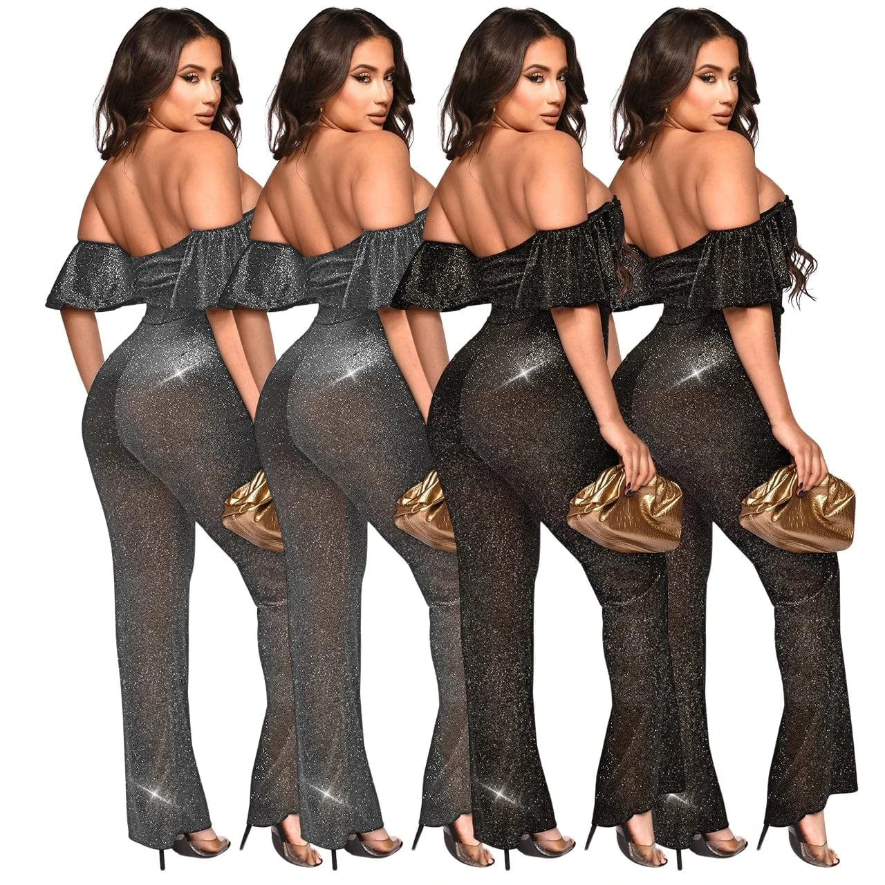 European and American women's clothing 2024 new bright silk fabric fashion temperament sexy nightclub style jumpsuit
