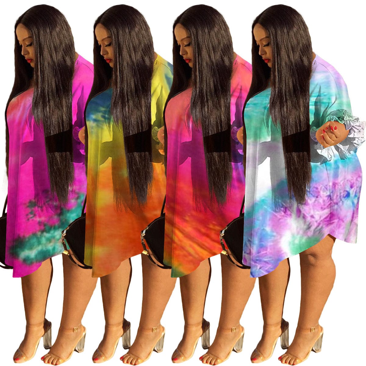European and American women's clothing tie dye print round neck plus size women's lotus leaf sleeve dress