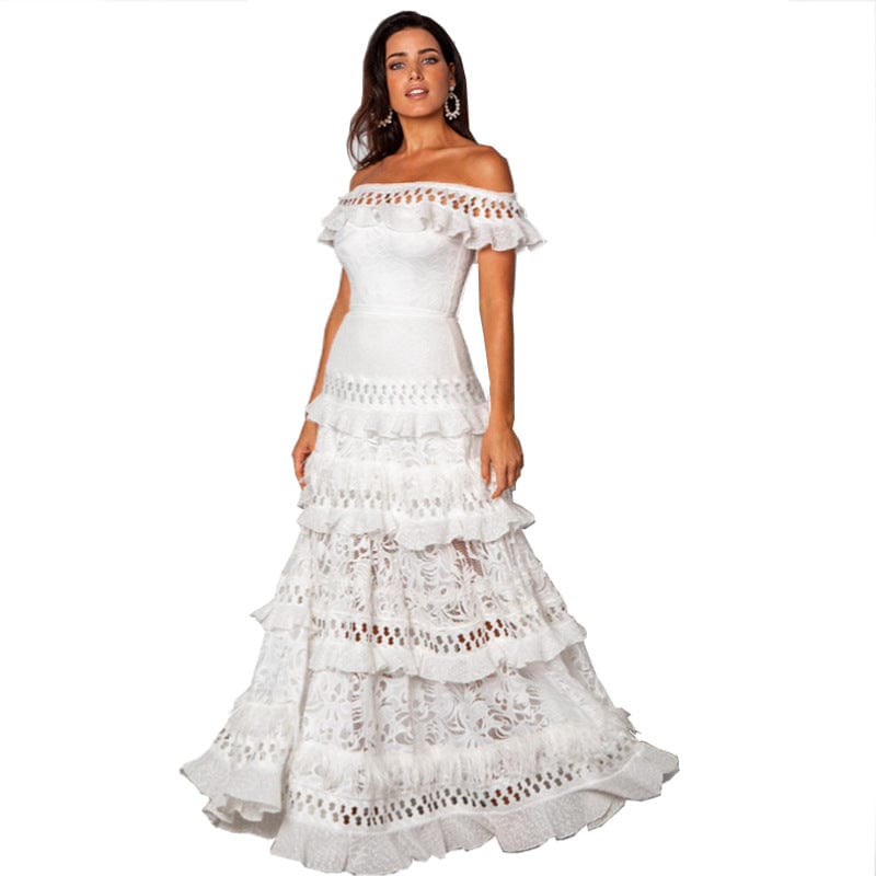 European and American women's lace dress one-shoulder ruffle wedding evening dress party skirt drop shipping fulfill