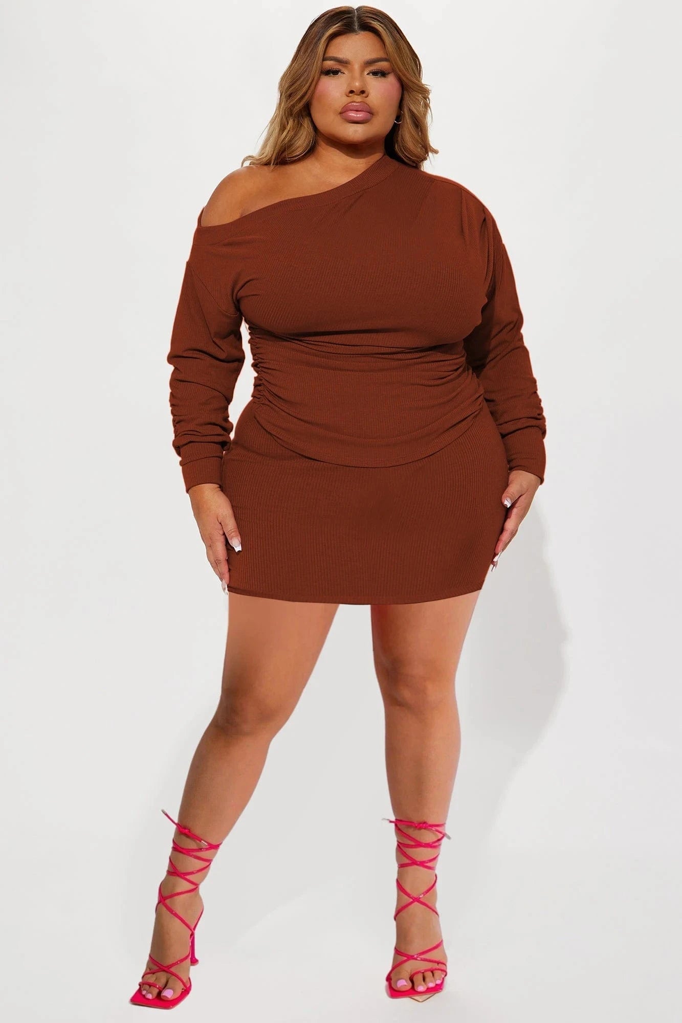 European and American women's new slanted shoulders, pleated tops, threaded skirts, sexy two-piece sets