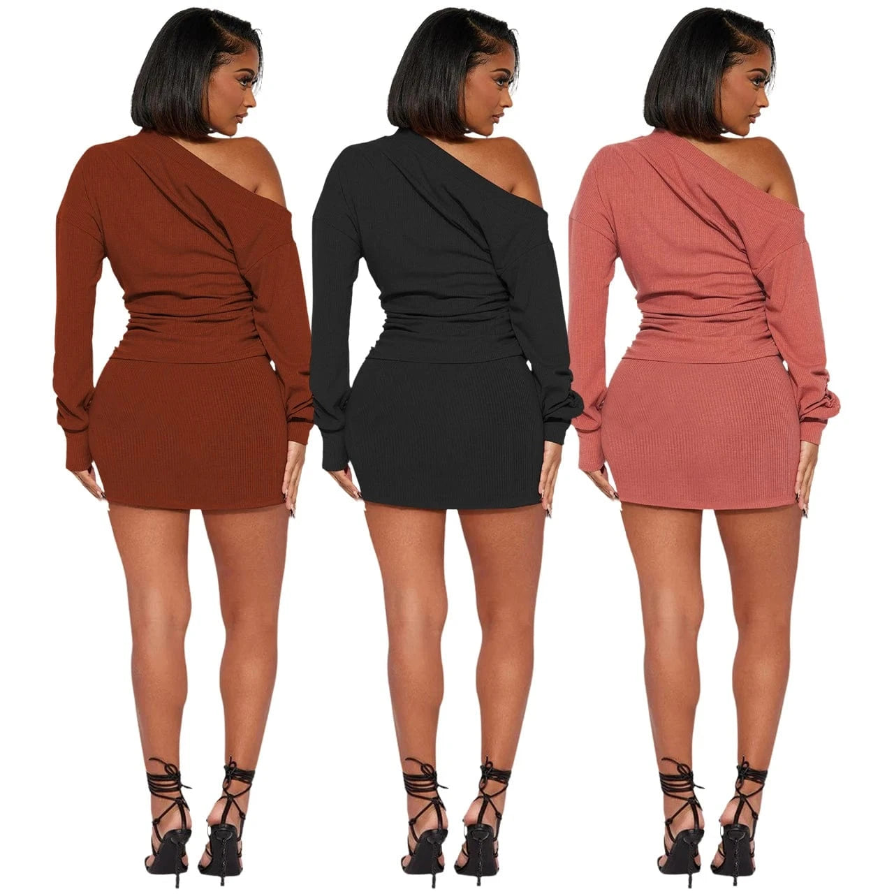European and American women's new slanted shoulders, pleated tops, threaded skirts, sexy two-piece sets