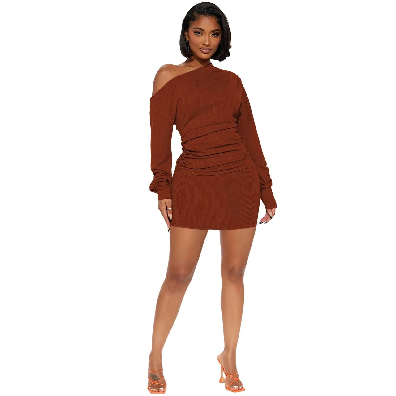 European and American women's new slanted shoulders, pleated tops, threaded skirts, sexy two-piece sets