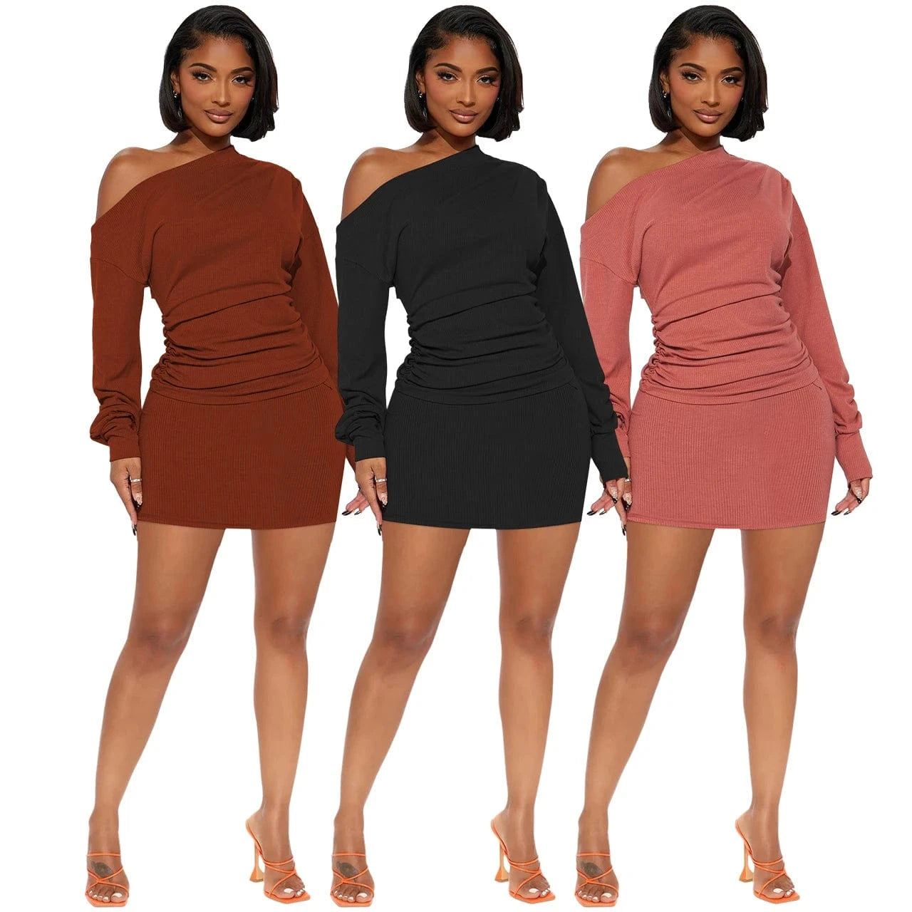 European and American women's new slanted shoulders, pleated tops, threaded skirts, sexy two-piece sets