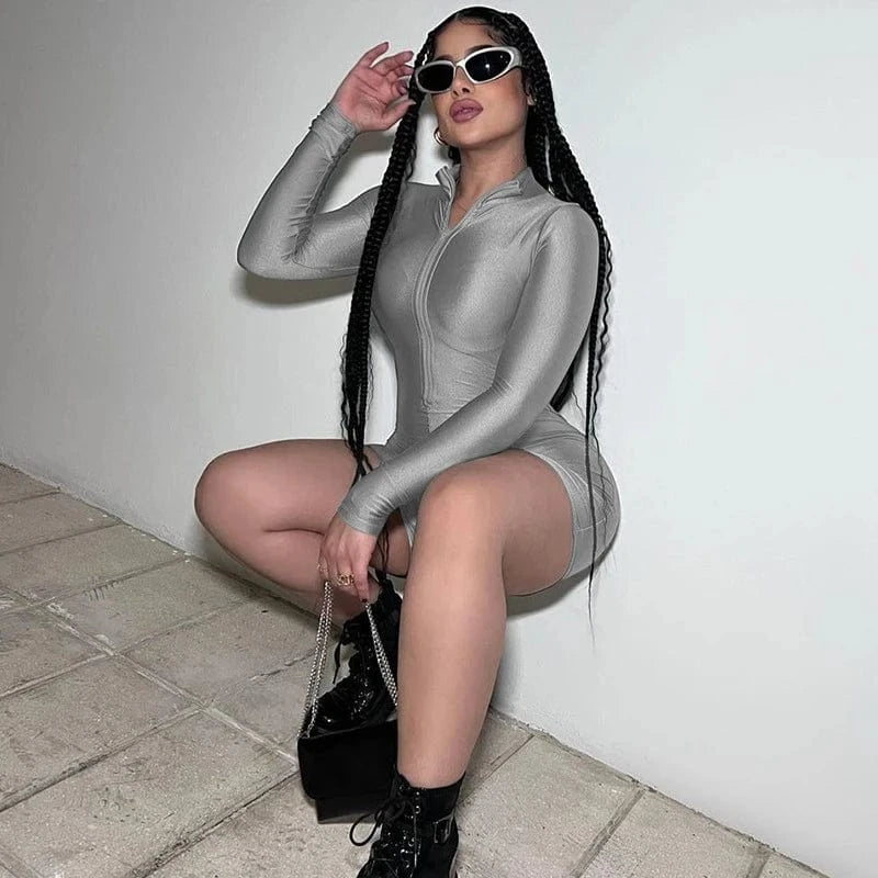 European and American women's spring and summer new zipper slim long-sleeved sexy jumpsuit