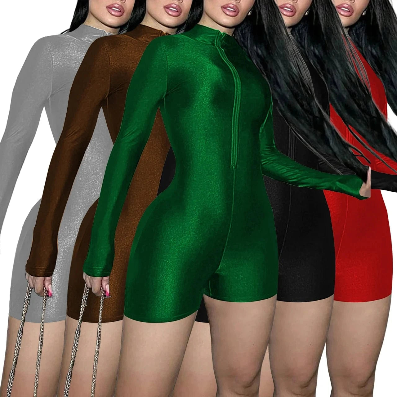 European and American women's spring and summer new zipper slim long-sleeved sexy jumpsuit
