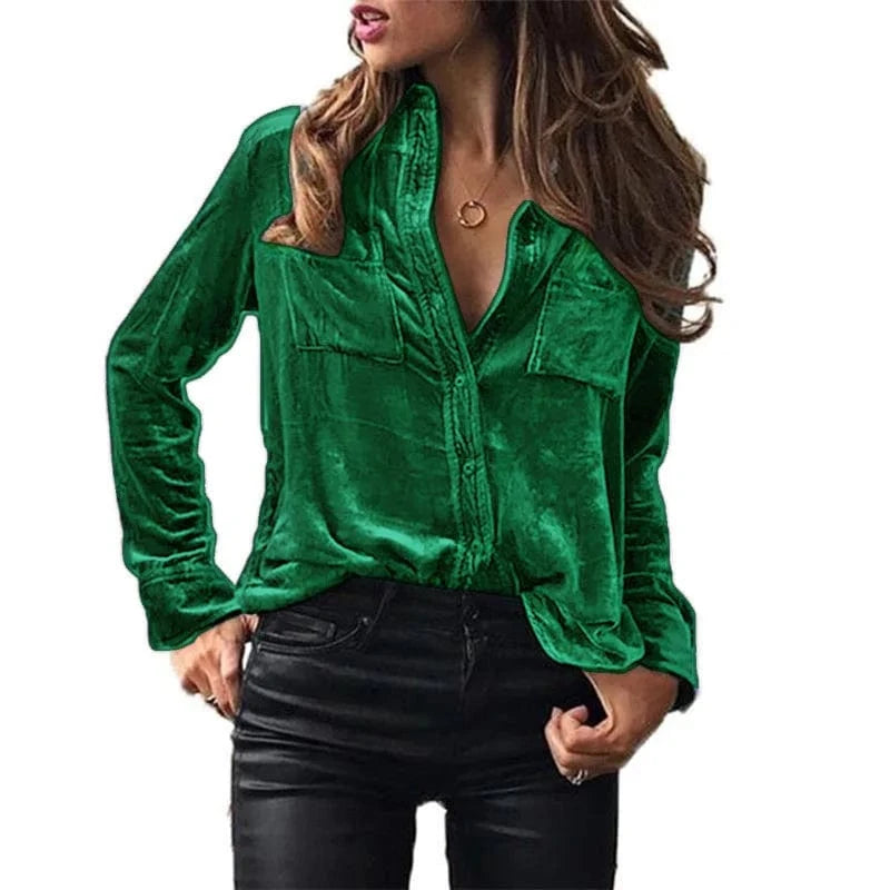 European  Cross-border Spring and Autumn Pocket shirt Solid color Elegant long sleeve single-breasted Shirt for women