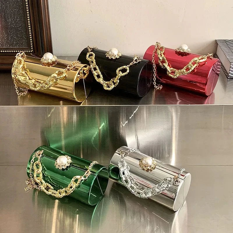 European High-end Luxury Women Party Evening Bags Designer Chain Cylinder Messenger Bag Pearl Lock Acrylic Clutch PVC Handbags
