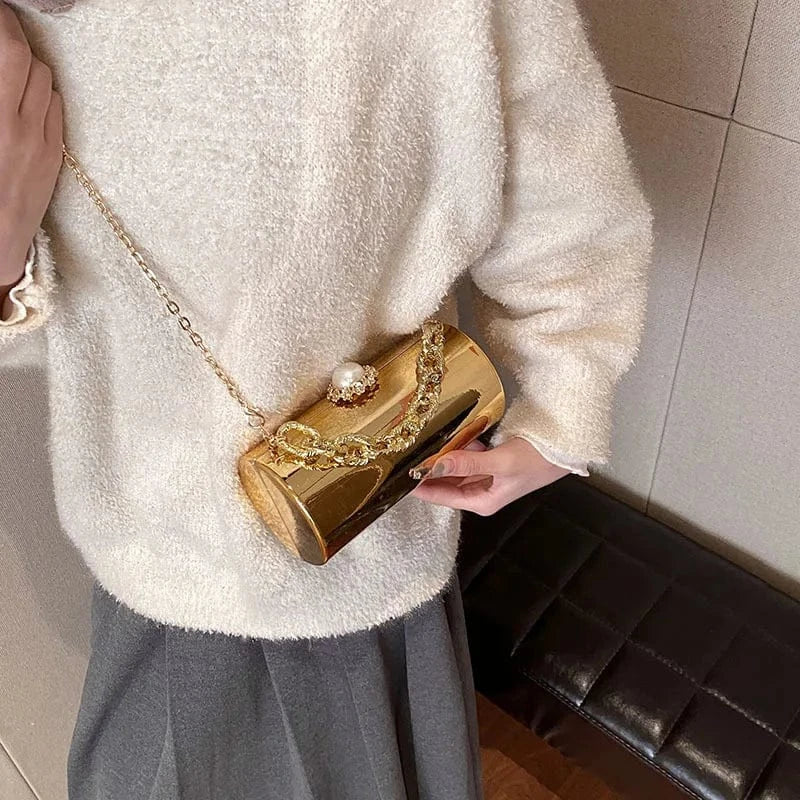European High-end Luxury Women Party Evening Bags Designer Chain Cylinder Messenger Bag Pearl Lock Acrylic Clutch PVC Handbags