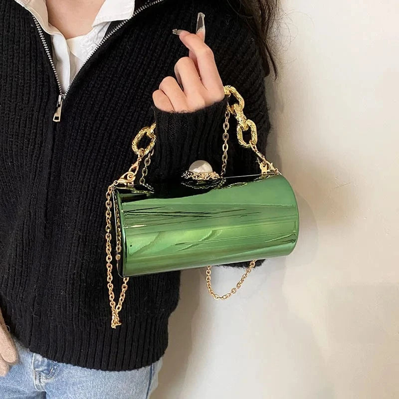 European High-end Luxury Women Party Evening Bags Designer Chain Cylinder Messenger Bag Pearl Lock Acrylic Clutch PVC Handbags