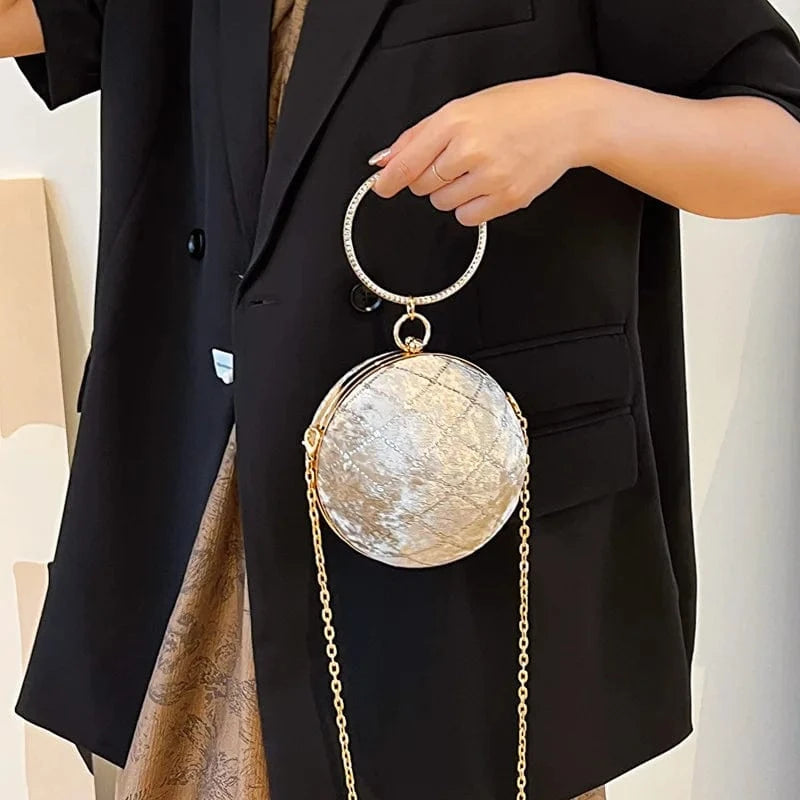 European Retro Handbag Velvet Women Chain Shoulder Bag Fashion Circular Diamond Ball Crossbody Bag Round Evening Party Clutch