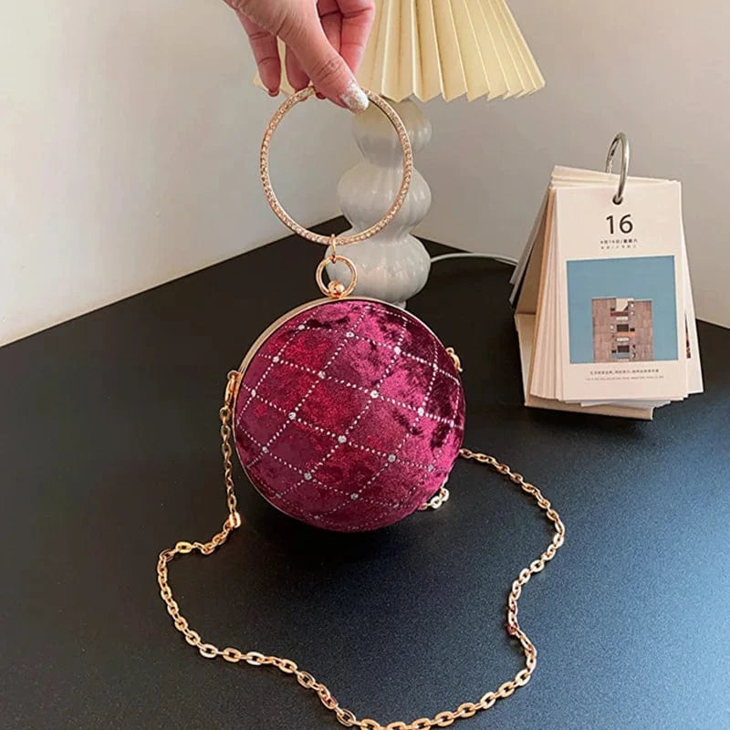 European Retro Handbag Velvet Women Chain Shoulder Bag Fashion Circular Diamond Ball Crossbody Bag Round Evening Party Clutch