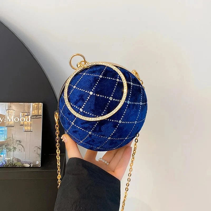 European Retro Handbag Velvet Women Chain Shoulder Bag Fashion Circular Diamond Ball Crossbody Bag Round Evening Party Clutch
