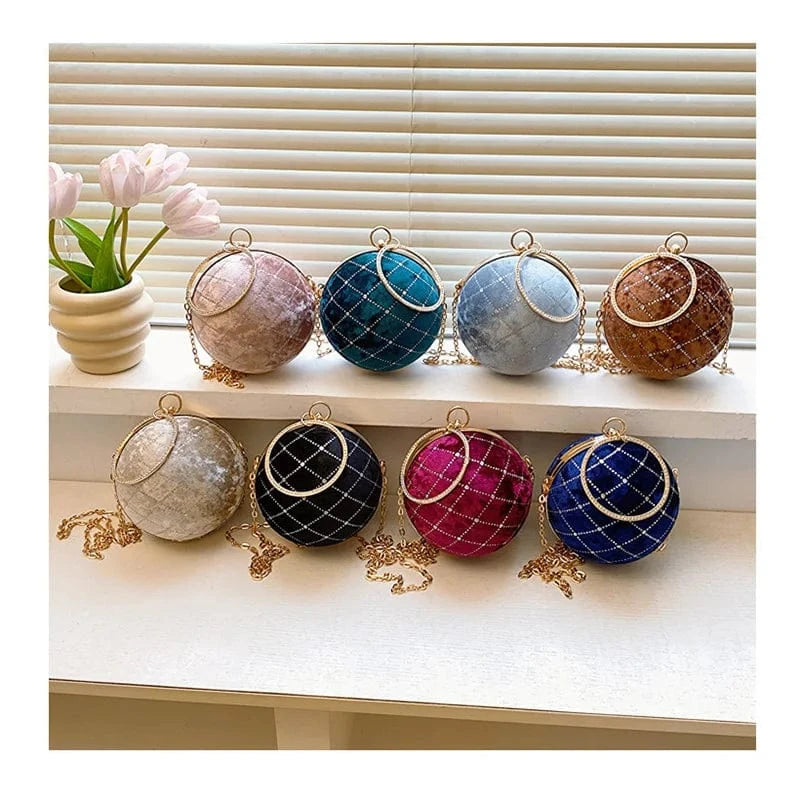 European Retro Handbag Velvet Women Chain Shoulder Bag Fashion Circular Diamond Ball Crossbody Bag Round Evening Party Clutch